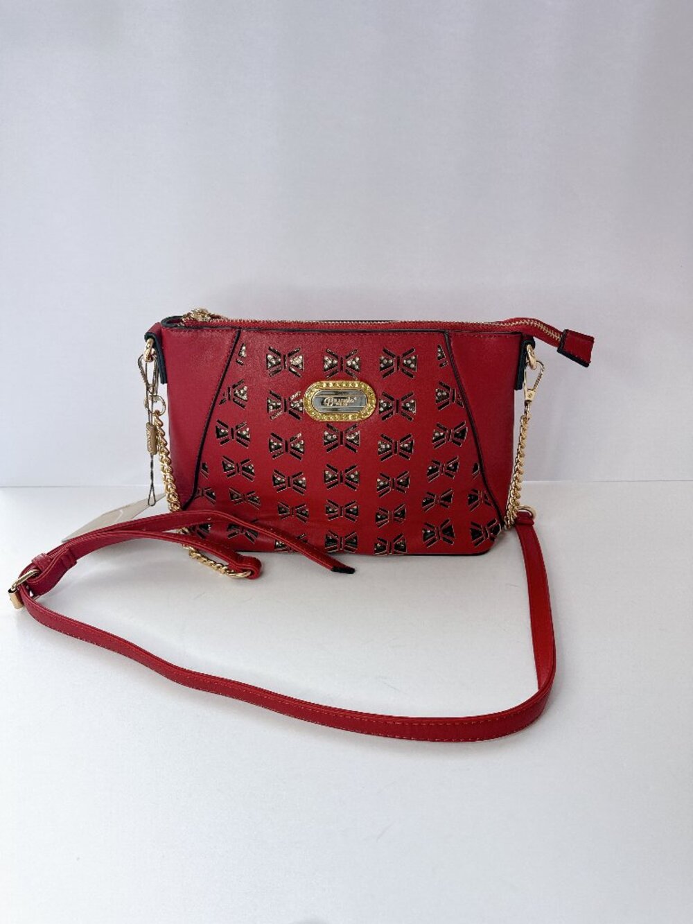 Brangio Red Bow Cutout Crystal Crossbody Satchel Purse Gold Chain Bag